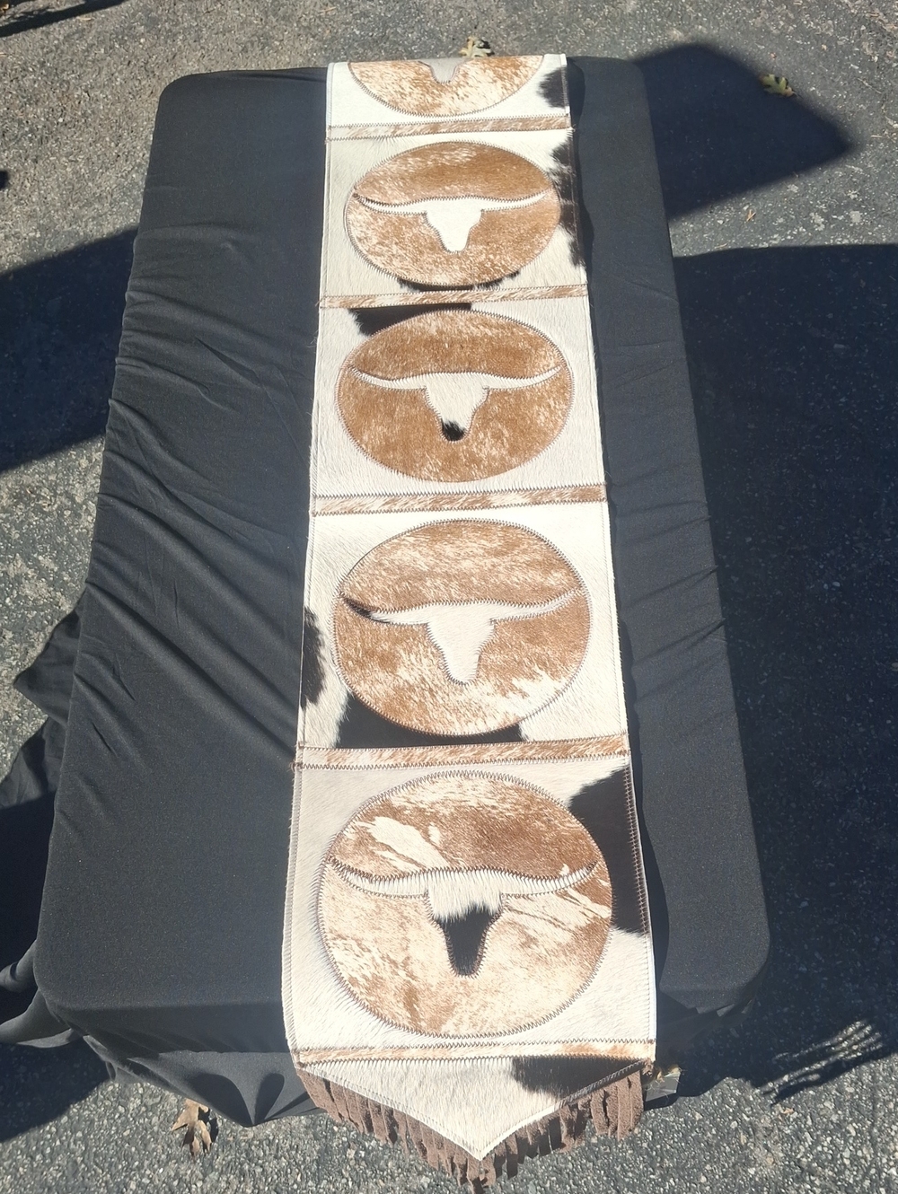 Cowhide Long Table Runner in Brown and White